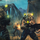 Three human-like monsters stand guard in the rain outside a large bridge at night.